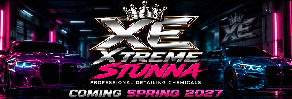 Large chrome XE XTREME STUNNA logo with chrome crown, pink accents and premium automotive backdrop
