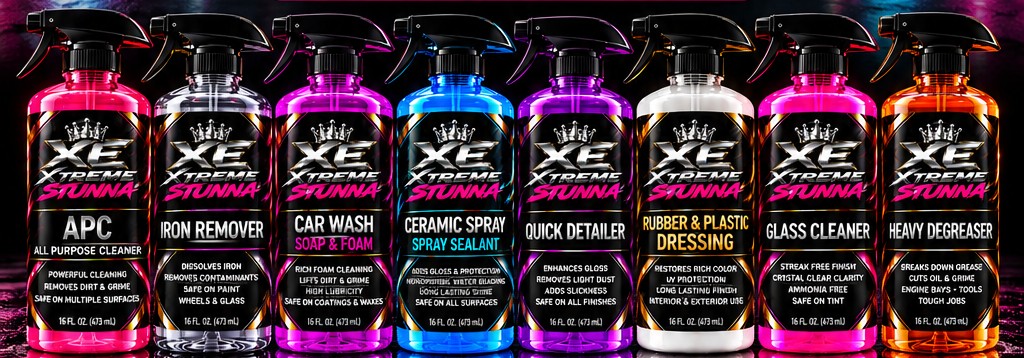 Concept preview of eight XTREME STUNNA detailing bottles in a glossy neon-lit display